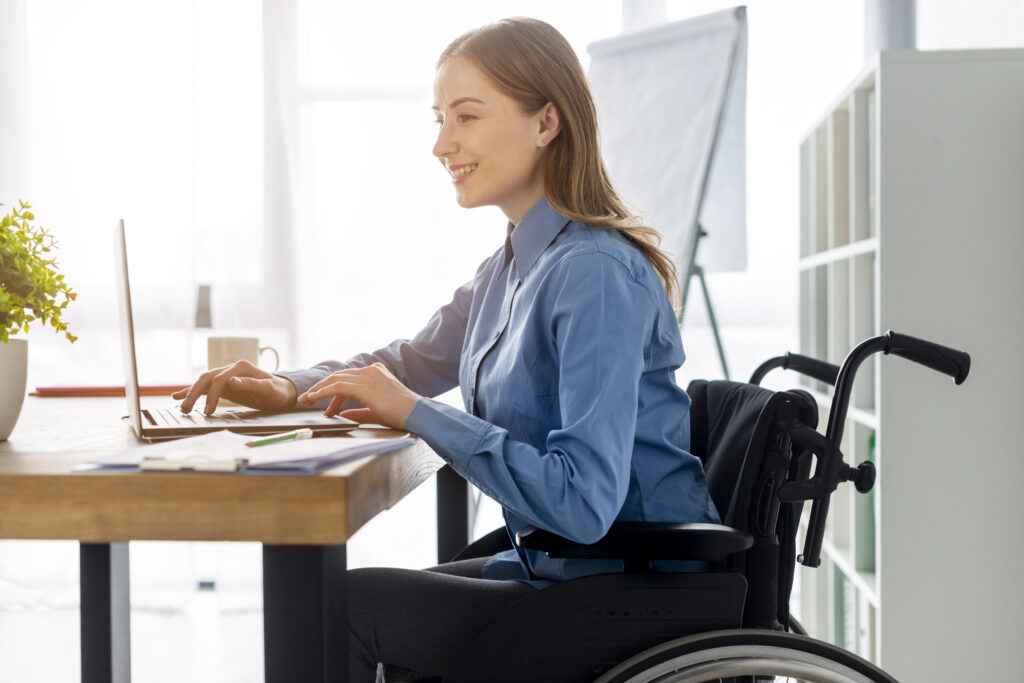 positive adult woman working office